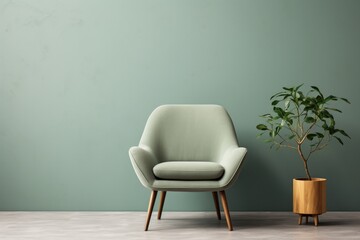 Mockup of a wall in sage green, accompanied by a modern chair and a gold planter Generative Ai