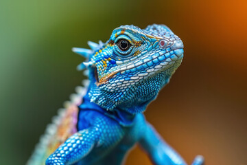 A close up of a blue lizard with spikes on its head.