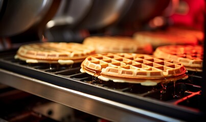Pouring syrup on belgian waffles in oven, closeup - obrazy, fototapety, plakaty