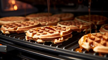 Cooking belgian waffles in the oven. Selective focus. - obrazy, fototapety, plakaty