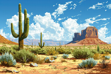 Desert, Saguaro and other cactus plants, Mountains in Background Landscape Illustration in blue tone colors