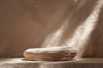 Stone product display podium in room with shadow nature leaves and sunlight on brown background. 3D rendering