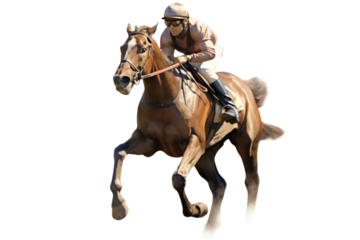 A jockey rides a brown horse. Isolated on transparent background.