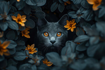 a creative photo of a curious cat surrounded by flowers and plants.