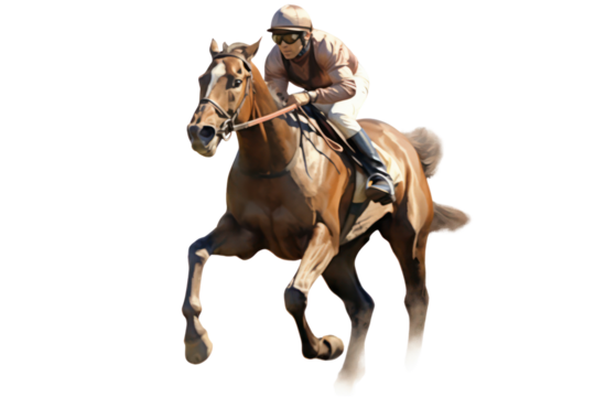 A jockey rides a brown horse. Isolated on transparent background.