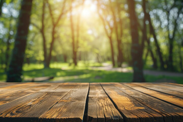 Blurred background wooden table in park with natural forest trees