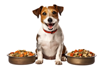 Dog with a plate of food on a transparent background