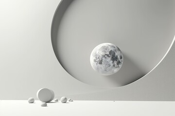 White minimalist background composed of 3D moon and abstract lines, modern minimalist sci-fi style wallpaper, modern abstract art of the moon