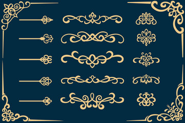 Set gold vintage border frame and corner ornament. Classic elegant golden premium element. Vector illustration.