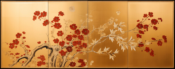 Japanese Ukiyo-e four panel gold leaf Byobu of a plant with red flowers and white leaves