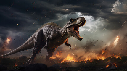 Tyrannosaurus rex running across a hellscape as fire reigns down from the sky due to an asteroid impact