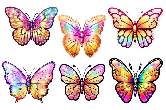 Set of colored rainbow butterflies. holographic sticker on a transparent background. colorful butterflies. clipart, collection, set