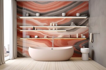 Bathroom interior with 3d wallpaper, shelf and bathtub. Created with Ai