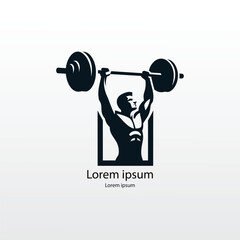 a man with a barbell in his hands logo
