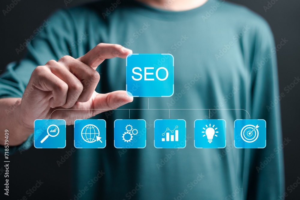 Poster seo concept, businessman touch virtual seo icons to analyze seo search engine optimization for promo
