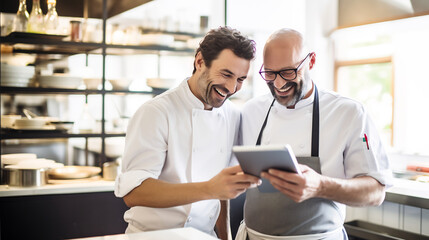 Two Professional Chefs Sharing a Joyful Moment While Reviewing a Recipe on a Tablet in a Commercial Kitchen, Culinary Collaboration Concept