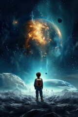 Fototapeta na wymiar Sci-fi style rear view of a boy standing on an alien planet looking at the outer space (vertical view), rear view of a child standing in a future city looking at the alien space
