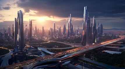 Fototapeta na wymiar A future city model full of imagination at night, a sci-fi style alien planet city, a future city with water transportation