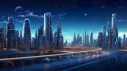 Rolgordijnen A future city model full of imagination at night, a sci-fi style alien planet city, a future city with water transportation © Peng