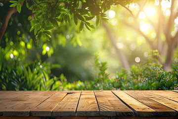 Empty wooden table top in a blurred green garden background