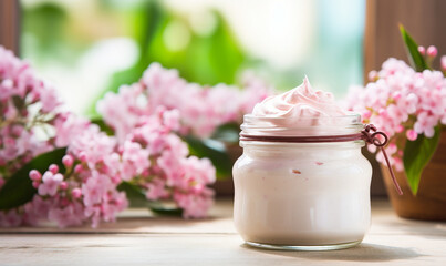 Creamy yogurt in a jar with pink flowers on the background