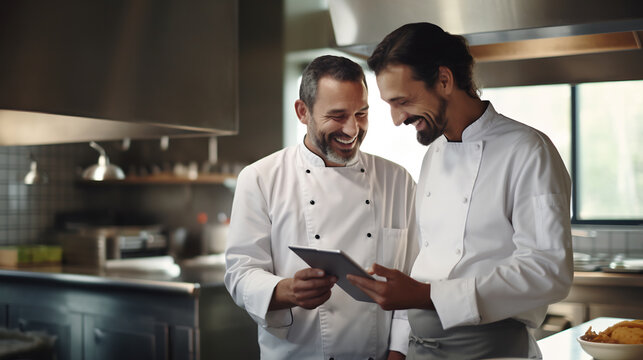 Two Professional Chefs Sharing a Joyful Moment While Reviewing a Recipe on a Tablet in a Commercial Kitchen, Culinary Collaboration Concept