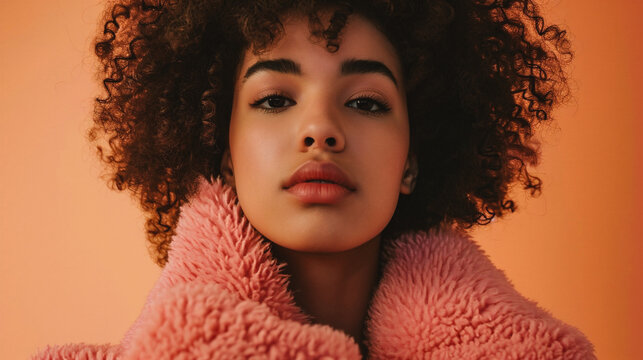 Beautiful african american woman in pink sweater on pink background