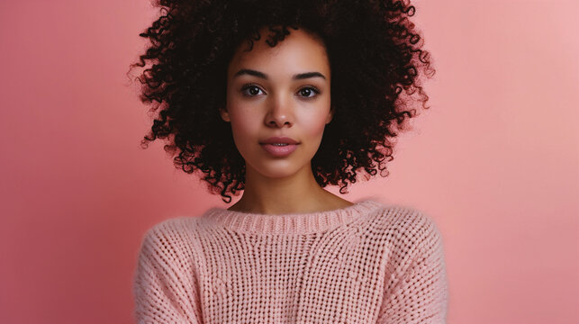Beautiful african american woman in pink sweater on pink background