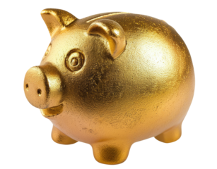 Golden piggy bank isolated on transparent background