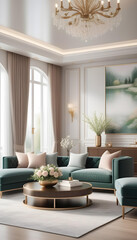 Modern luxury elegant living room, spring flowers on the table.interior decoration. Well-appointed interior design.