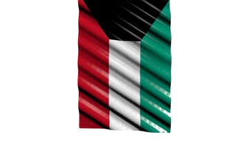Naklejka premium pretty shiny flag of Kuwait with big folds hanging from top isolated on white - any holiday flag 3d illustration..