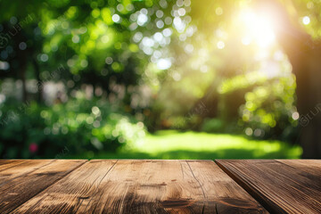 Photo wooden table and blurred green nature garden background with copy space