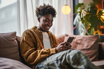Happy relaxed gen z African American teen sitting on couch at home holding smartphone, using cell phone mobile apps, shopping or playing game. Social media influence concept. Authentic, Generative AI - obrazy, fototapety, plakaty