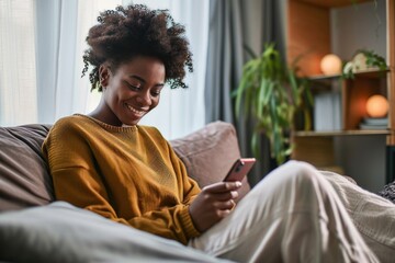 Happy relaxed gen z African American teen sitting on couch at home holding smartphone, using cell phone mobile apps, shopping or playing game. Social media influence concept. Authentic, Generative AI - obrazy, fototapety, plakaty