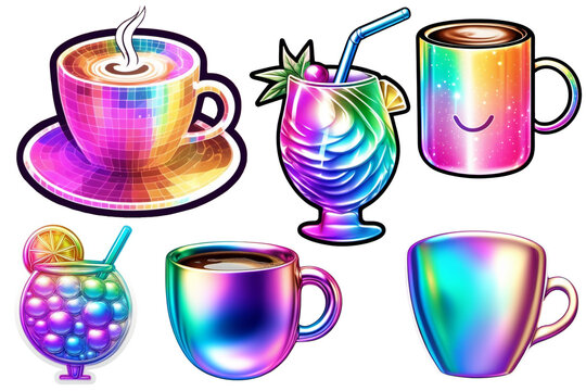 Simple coffee cup icon, holographic color. holographic sticker on a transparent background. Drinks, a cup of coffee. clipart, collection, set
