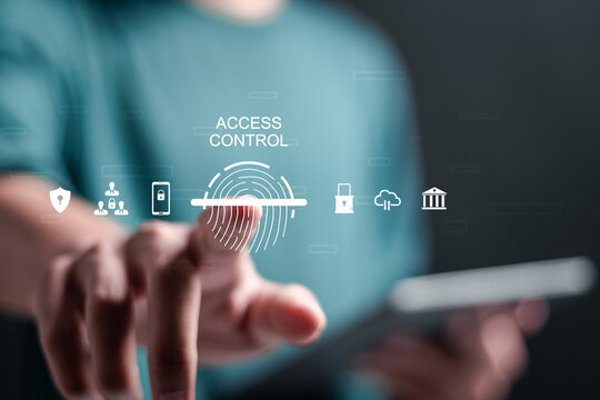 Biometric cyber security system. Businessman touch virtual access control icon. Access security personal financial data on scan fingerprint identification, Cybersecurity and privacy to protect data.