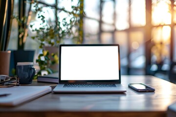 Laptop pc mock up template design on office workplace desk, white mockup empty blank computer screen on office work table business web technology at modern workspace, Generative AI