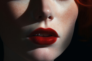 Obraz premium Close-Up of Woman's Red Lips with Softly Textured Skin. Beauty and Makeup Concept