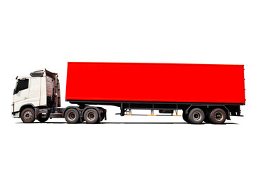 Semi Trailer Truck on White Background. Cargo Container Shipping. Economy Business Transport on Road. Import- Export. Trucking. Lorry Diesel Truck. Freight Truck Logistics Transport.