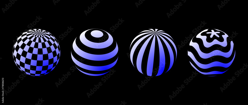 Poster Collection of spheres with different patterns. Striped, checkered and waved 3d balls set. White and blue geometric elements for design template, icon, logo, banner, poster. Abstract vector globes pack