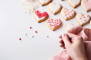 Homemade sugar glazed Valentine day cookies, heart shaped baking.