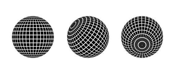 Black disco ball set. Collection of wireframe spheres in different angles. Grid globe or checkered ball bundle. Mirrorball element pack for poster, banner, music cover, party. Vector illustration - obrazy, fototapety, plakaty