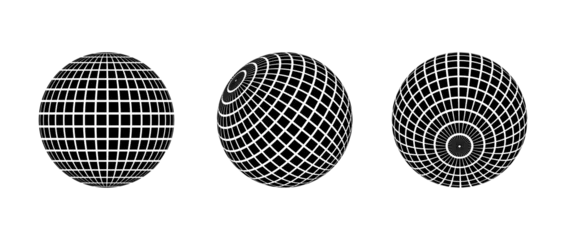 Fotobehang Black disco ball set. Collection of wireframe spheres in different angles. Grid globe or checkered ball bundle. Mirrorball element pack for poster, banner, music cover, party. Vector illustration © vika_k