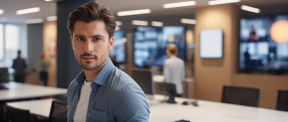 Fototapeta premium Business office with blurred people casual wear, with blurred bokeh background