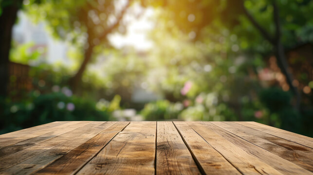 The empty wooden table top with blur background of garden