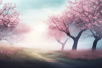 Fototapeta na wymiar Scenic landscape with delicate cherry blossoms, ideal for spring-themed greeting backdrop or artistic inspiration. Generative AI