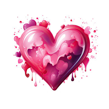 Watercolor heart with splashes and drops of paint. A vivid image of love in pink, purple and blue tones. Isolated illustration for a card, postcard, T-shirt print for Valentine's Day