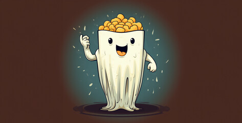 illustration of a glass of corn, flying in the sky, a single French Fry in a funny ghost costume retro