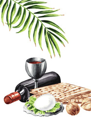 Passover. Jewish holiday Pesach. Watercolor hand drawn illustration, isolated on white background