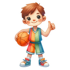 Watercolor cute boy basketball player holding a ball and thumps up. Basketball competition. Basketball element clipart.